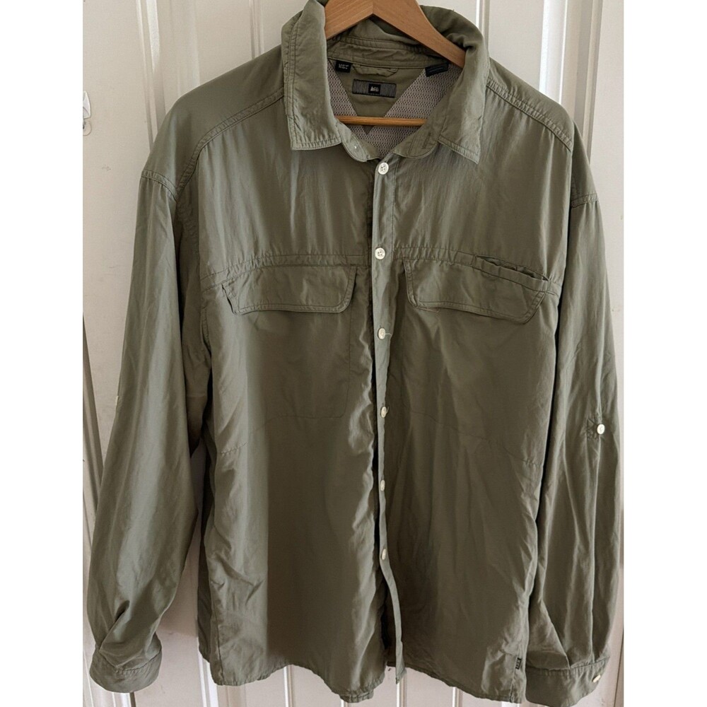 REI Men’s XXL Green Button Up Long Sleeve Hiking Shirt Size 2XL Nylon UPF 50+